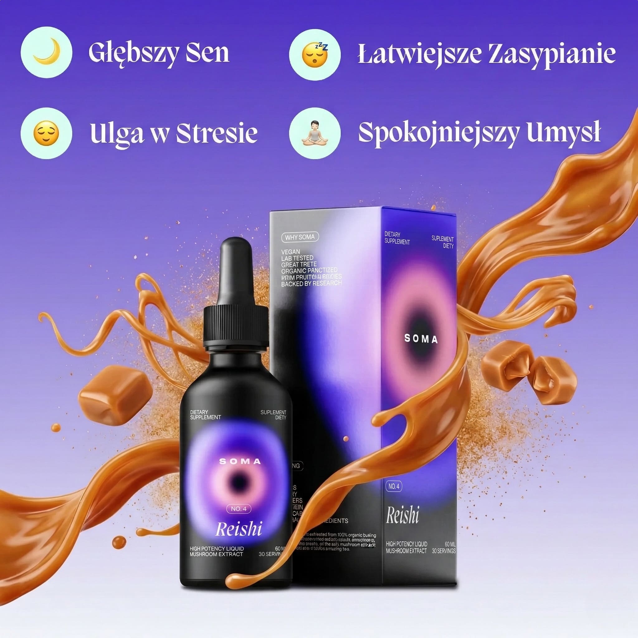 Reishi SOMA – Ganoderma lucidum w płynnym ekstrakcie z owocników, karmelowy smak