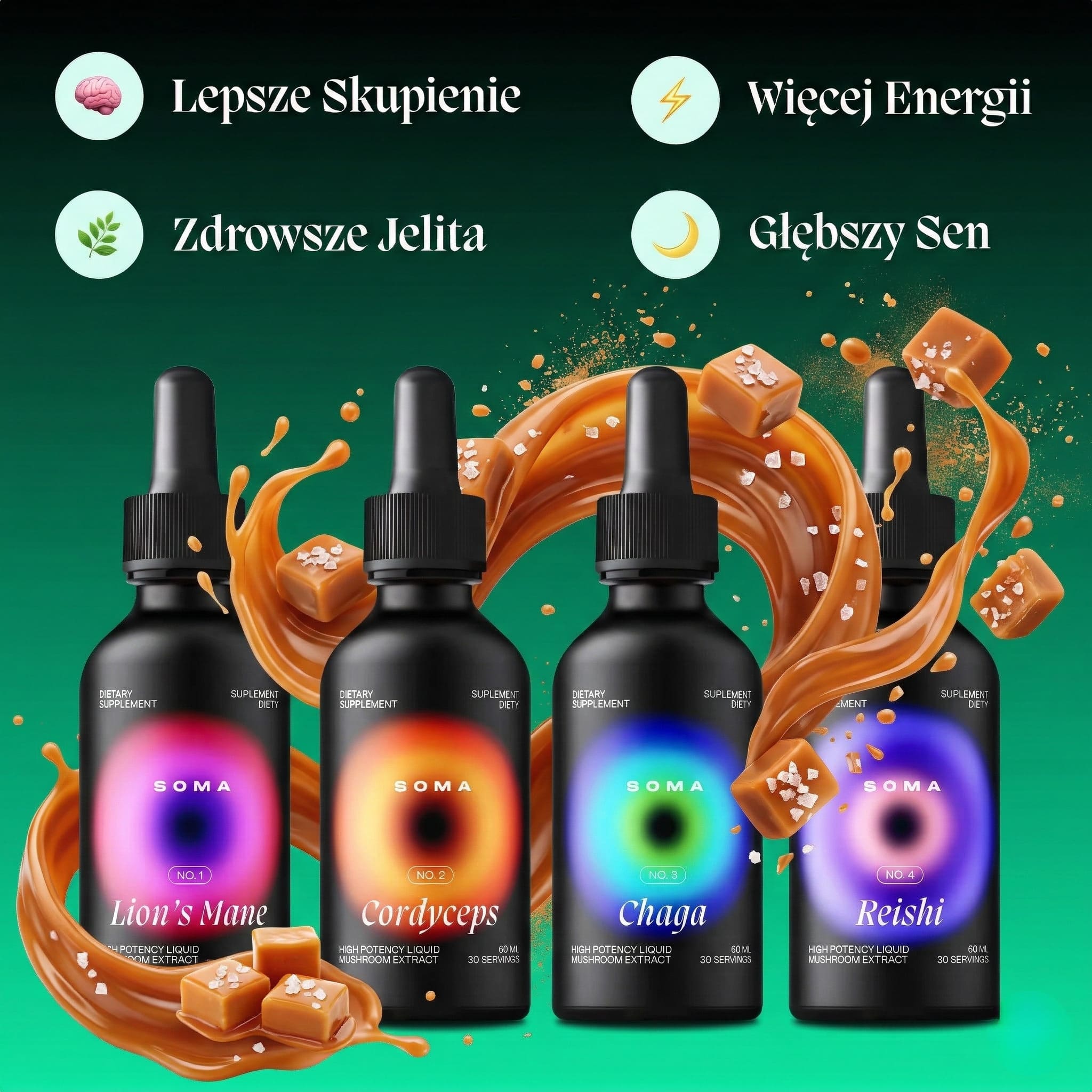 Biohacker Set SOMA – kompletny zestaw grzybów funkcjonalnych: Lion's Mane, Cordyceps, Chaga, Reishi