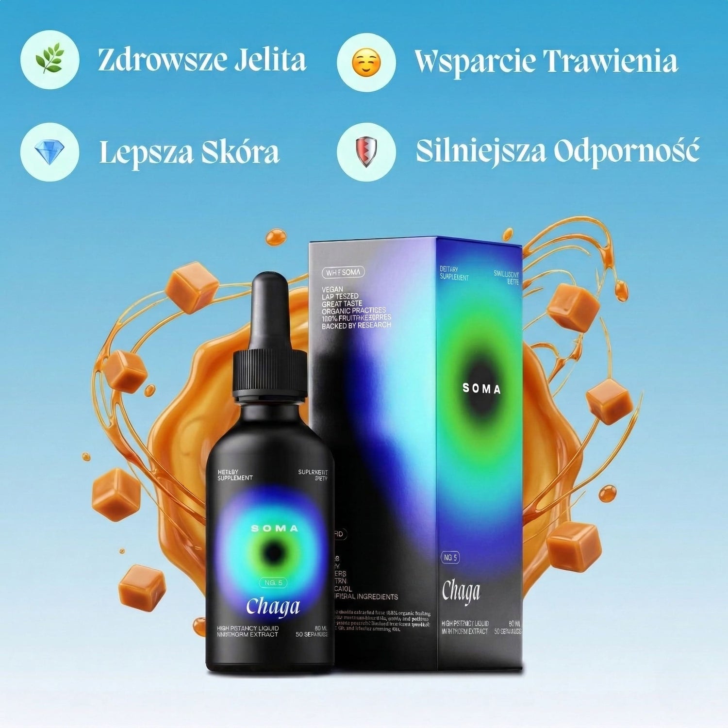 Chaga SOMA – Błyskoporek podkorowy w płynnym ekstrakcie z owocników, karmelowy smak